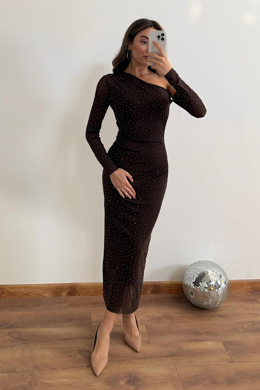 Long One-Shoulder Tulle Stone Detail Dress - Brown