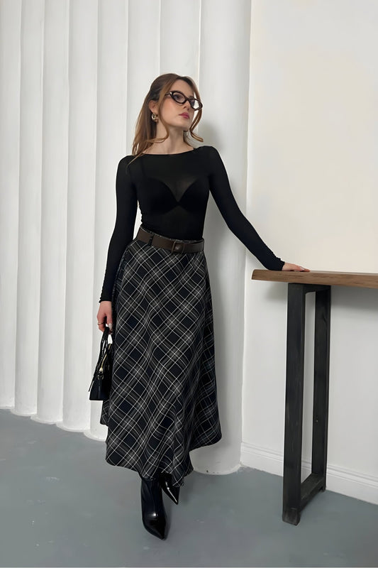 Long Plaid Belt-Detail Skirt - Black