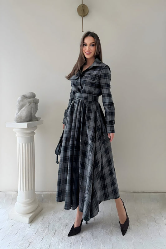 Long Plaid Belted Pocket Shirt Dress - Black