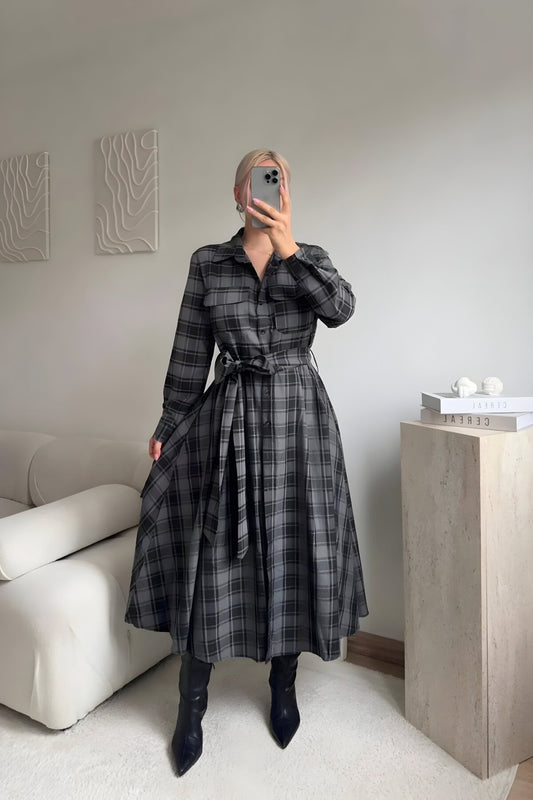 Long Plaid Belted Shirt Dress - Black
