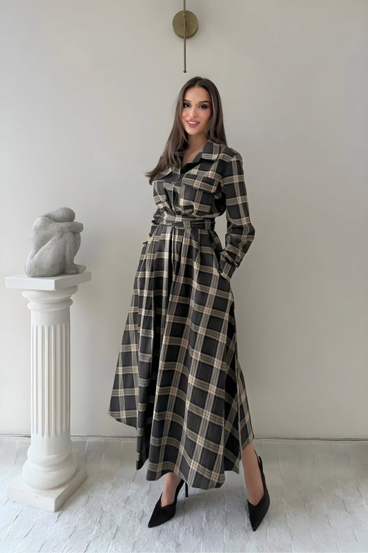 Long Plaid Belted Shirt Dress with Pockets - Brown