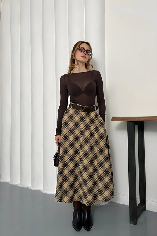 Long Plaid Patterned Belt Detail Skirt - Beige