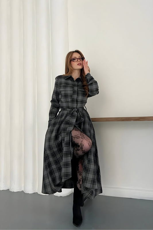 Long Plaid Tie-Waist Shirt Dress - Black