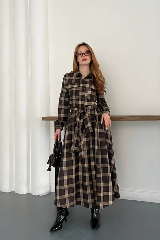 Long Plaid Tie-waist Shirt Dress - Brown