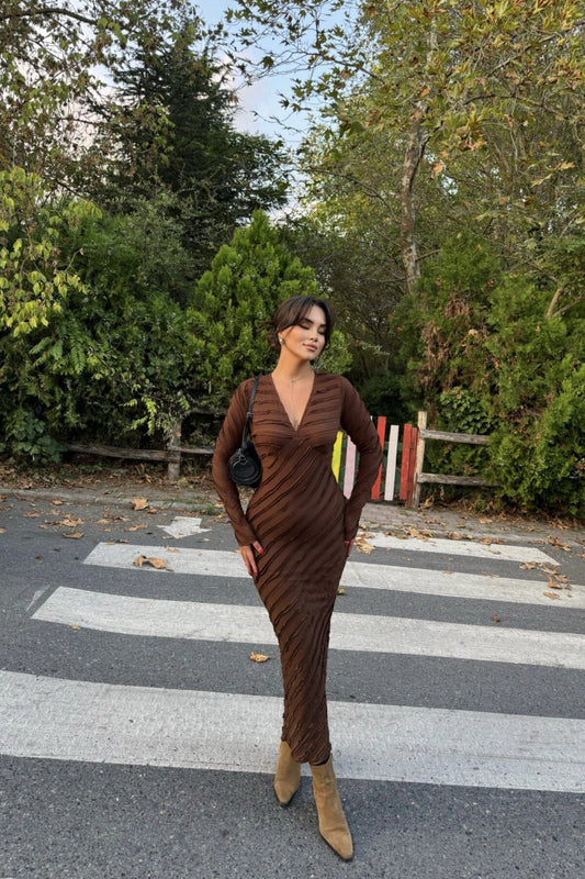 Long Reverse Stitch V-Neck Dress - Brown