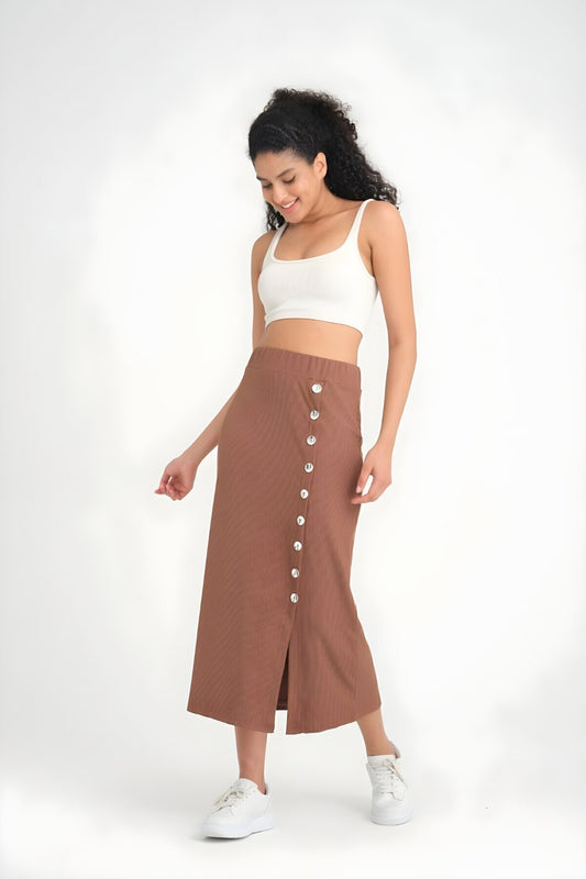 Long Ribbed Slit Skirt with Button Detail - Brown