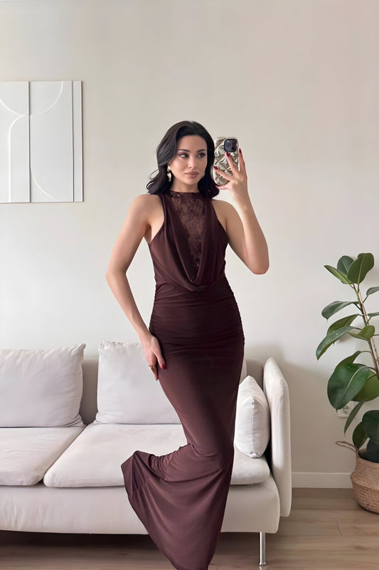 Long Ruched Lace-Detail Cowl Neck Evening Dress - Brown