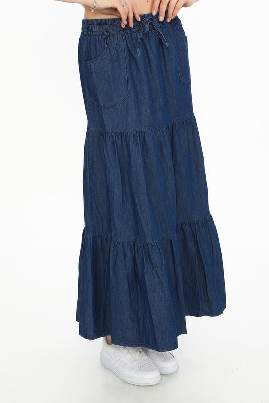 Long Ruffled Enzyme Fabric Pocketed Skirt - Denim Blue