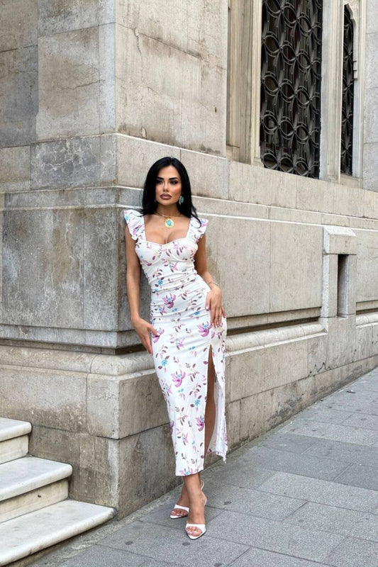 Long Ruffled Shoulder Evening Dress - Colorful