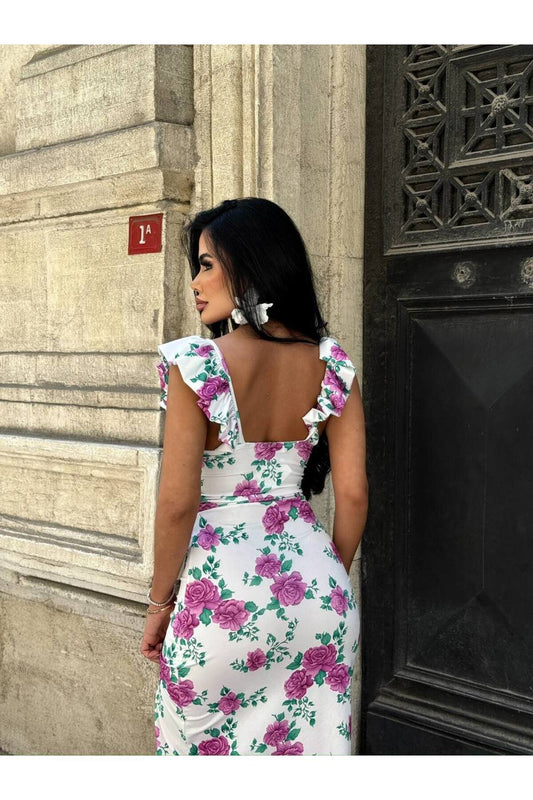 Long Ruffled Shoulder Evening Dress - Colorful