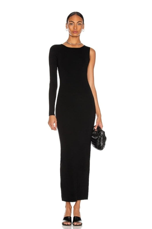 Long Silk Jersey Sleeve-Detail Dress - Black