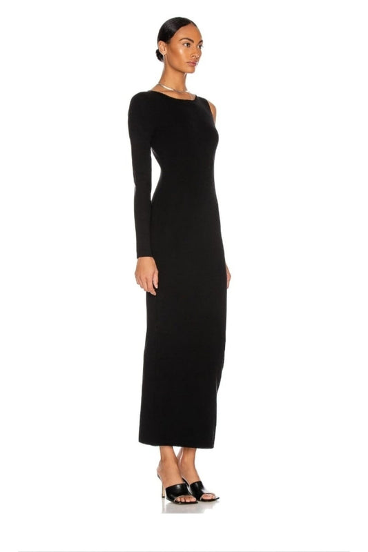 Long Silk Jersey Sleeve-Detail Dress - Black