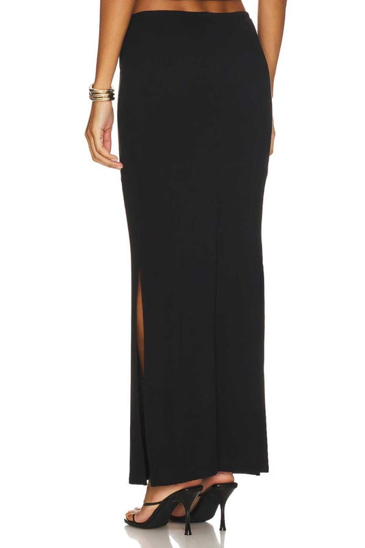 Long Silk Jersey Slitted Lined Skirt - Black