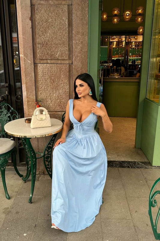 Long Simon Poplin Corset Detailed Dress - Blue