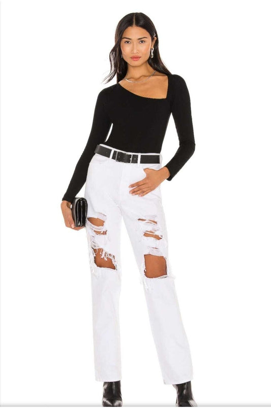 Long Sleeve Asymmetric Cut Silk Jersey Bodysuit - Black