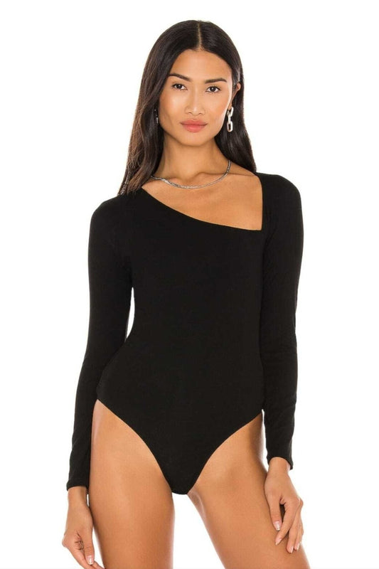 Long Sleeve Asymmetric Cut Silk Jersey Bodysuit - Black