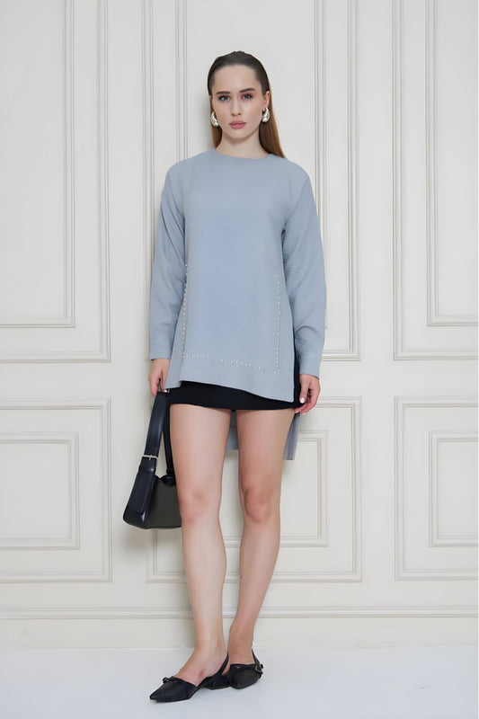 Long Sleeve Bamboo Linen Tunic Pearl-Embellished Blouse - Gray