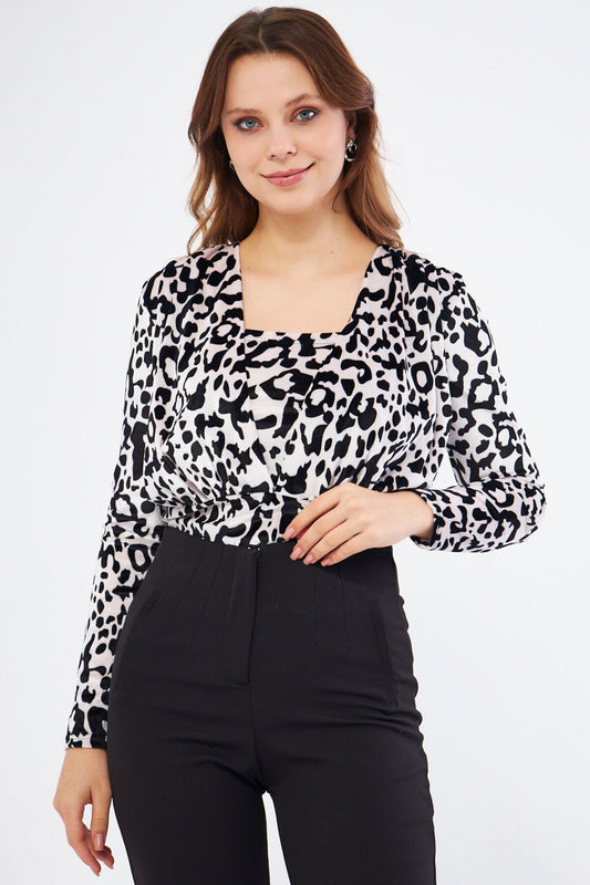 Long Sleeve Black and White Velvet Ruched Bodysuit