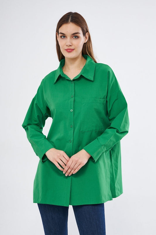 Long-Sleeve Casual Terrycotton Pocketed Tunic Shirt - Benetton Green