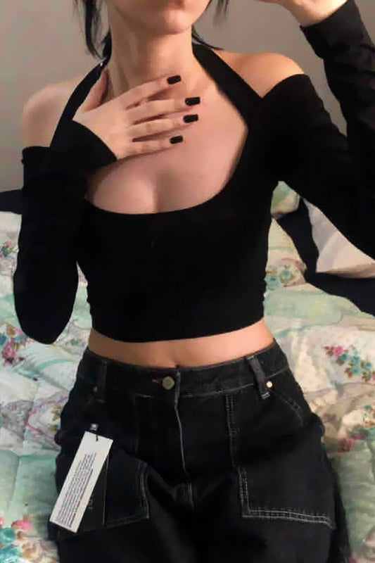 Long Sleeve Crop Off-Shoulder Blouse - Black