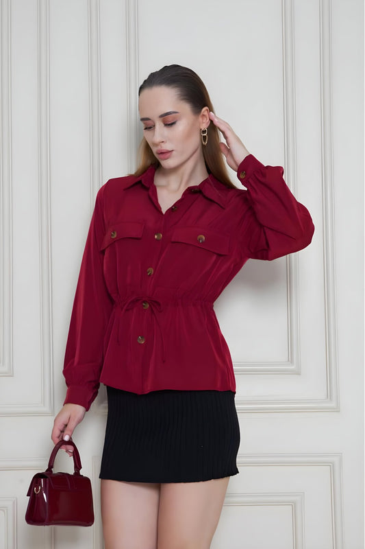 Long Sleeve Cupro Ruched Waist Shirt - Burgundy