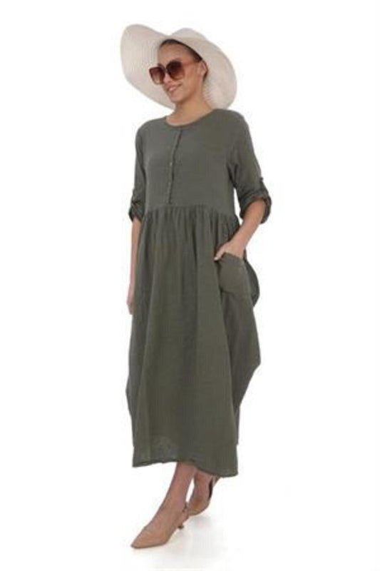 Long Sleeve Linen Balloon Dress - Khaki