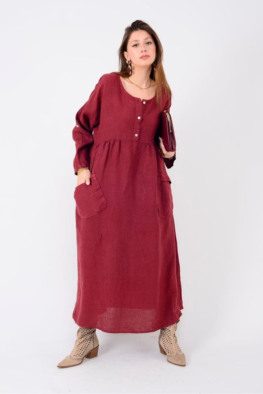 Long Sleeve Linen Italian Buttoned Dress - Burgundy