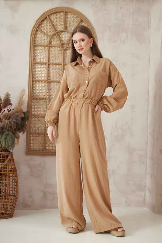 Long Sleeve Loose Fit Cupro Jumpsuit with Elastic Waist and Cuff - Caramel