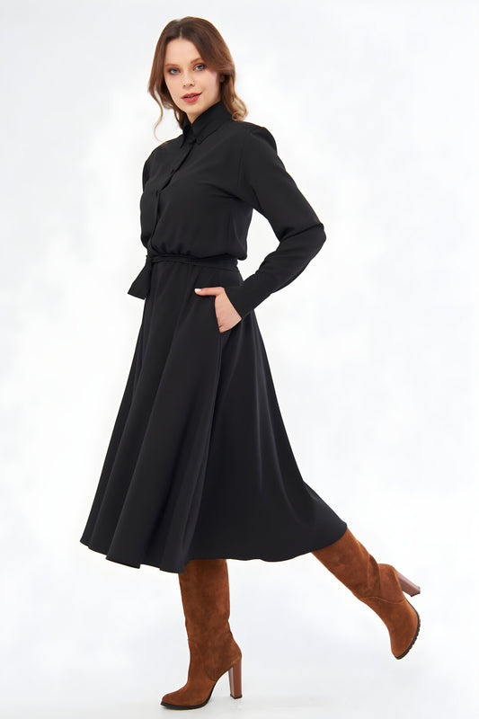 Long Sleeve Midi Shirt Dress - Belted Elastic Waist Pockets - Black