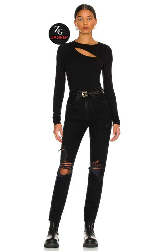 Long Sleeve Opaque Silk Jersey Front Cut-out Blouse - Black