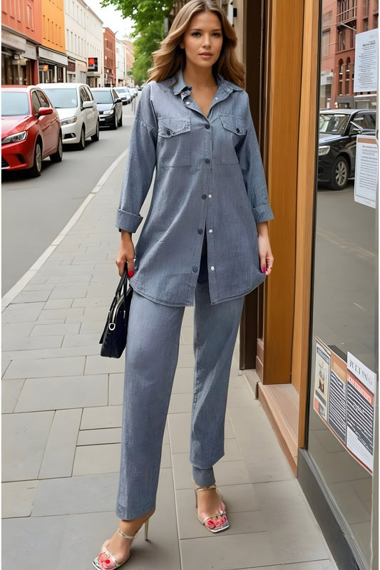 Long-Sleeve Pocketed Shirt and Elastic-Waist Pants Set - Anthracite