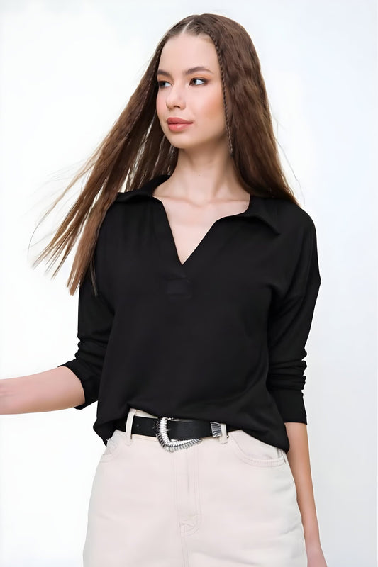 Long-Sleeve Polo Neck Blouse - Black