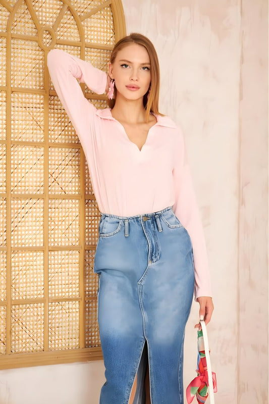 Long Sleeve Polo Neck Blouse - Powder