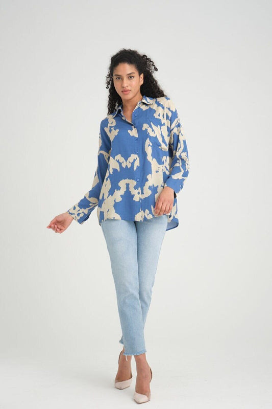 Long Sleeve Relaxed Fit Drapey Pleated Viscose Shirt - Blue