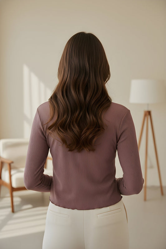 Long Sleeve Ribbed Knit Tie-Up Blouse - Dark Brown