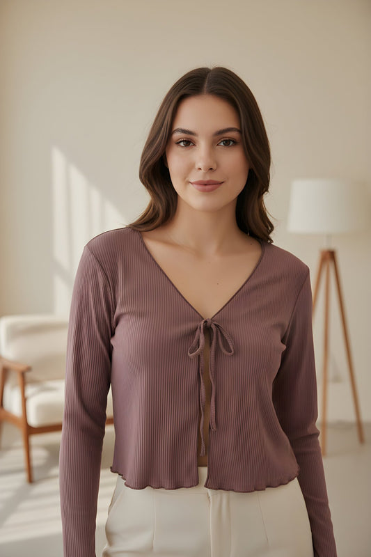 Long Sleeve Ribbed Knit Tie-Up Blouse - Dark Brown