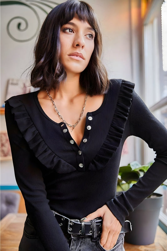 Long Sleeve Ribbed Ruffled Blouse - Black
