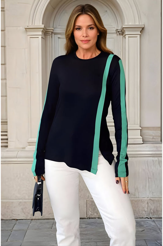 Long Sleeve Round Neck Asymmetric Slit Blouse - Black