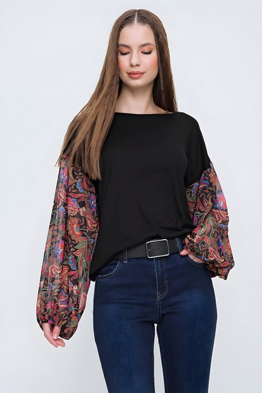 Long Sleeve Sheer Chiffon Blouse - Black