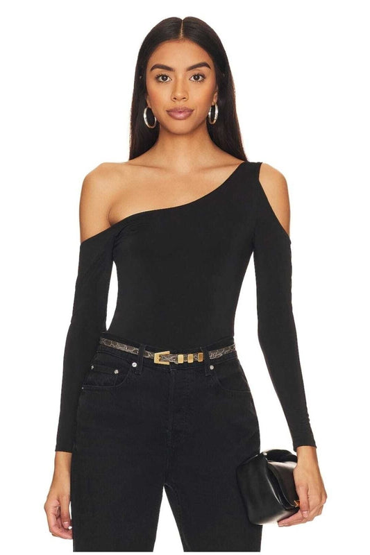 Long Sleeve Silk Jersey Asymmetric Neck Bodysuit - Black