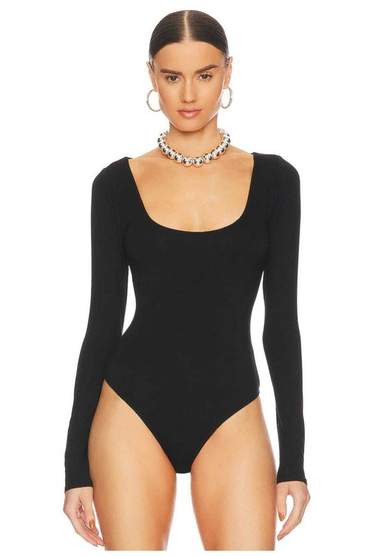 Long Sleeve Silk Jersey U-Neck Bodysuit - Black