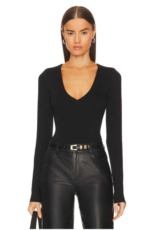 Long Sleeve Silk Jersey V-Neck Bodysuit - Black