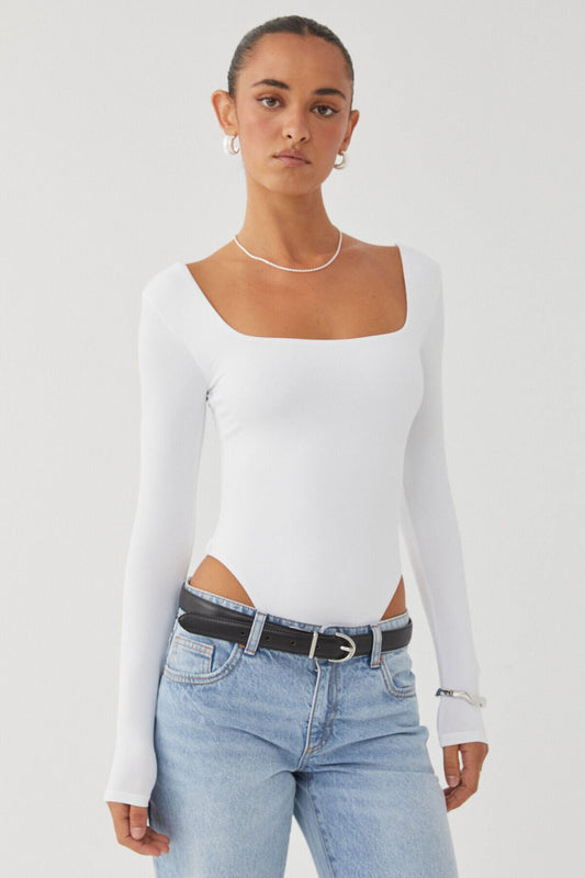 Long Sleeve Square Neck Snap-Closure Bodysuit - White
