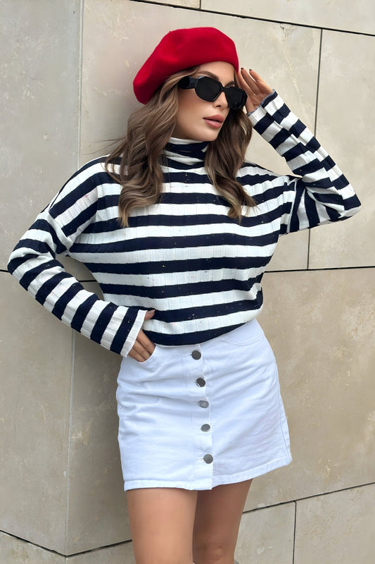 Long-Sleeve Striped Ribbed Knit Blouse - Navy Blue Ecru