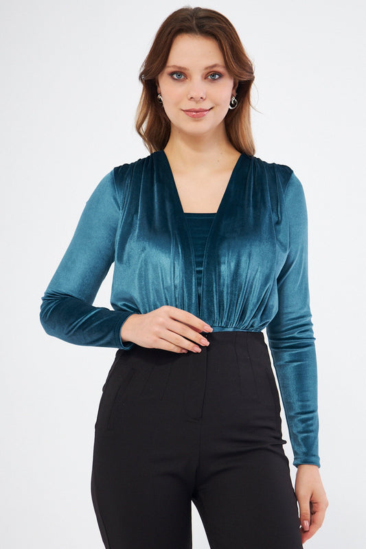 Long Sleeve Velvet Gather Detail Bodysuit - Petrol