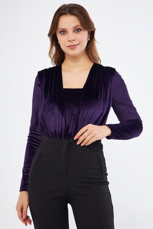 Long Sleeve Velvet Ruched Bodysuit - Plum