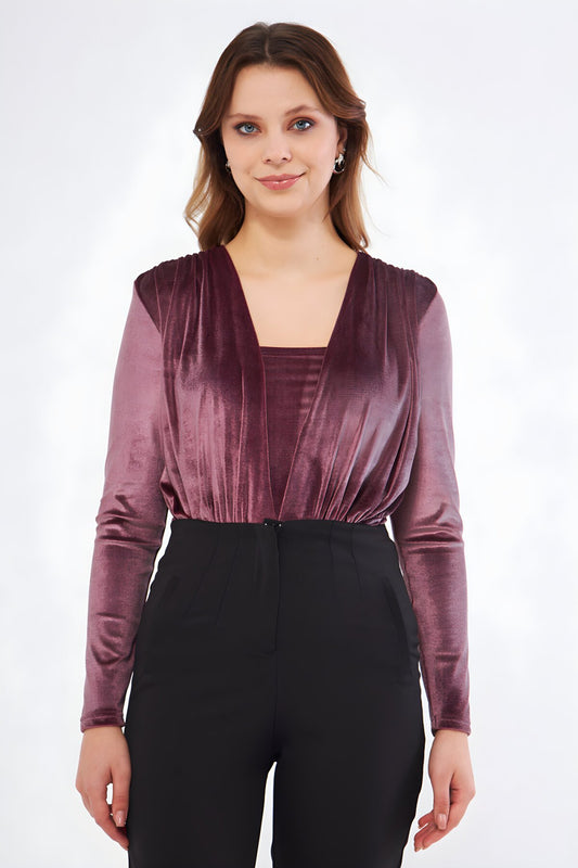 Long Sleeve Velvet Ruched Detail Bodysuit - Dusty Rose