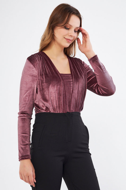 Long Sleeve Velvet Ruched Detail Bodysuit - Dusty Rose