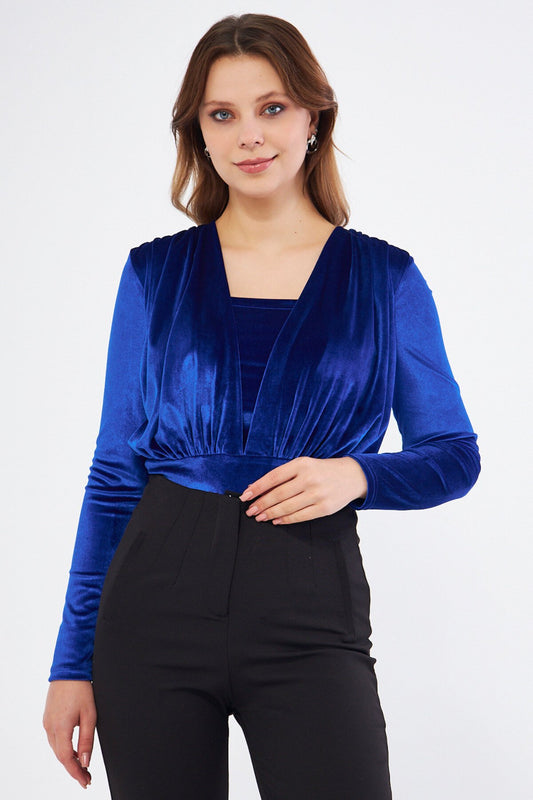 Long Sleeve Velvet Ruched Detail Bodysuit - Royal Blue