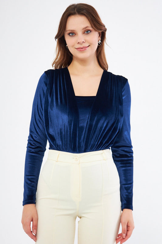 Long Sleeve Velvet Ruched Detail Snap Bodysuit - Navy Blue